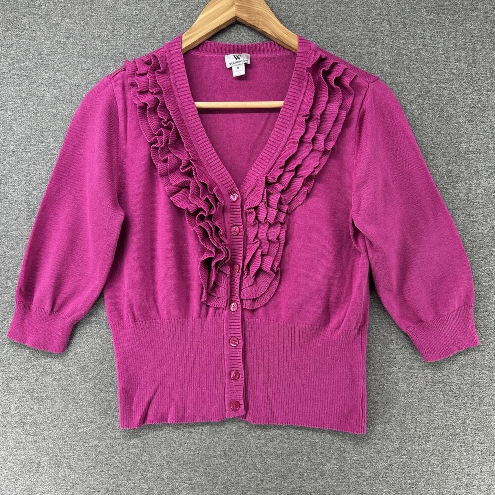 Worthington Cardigan Sweater Womens Medium Pink Ruffle V Neck 3/4 Sleeve Knit